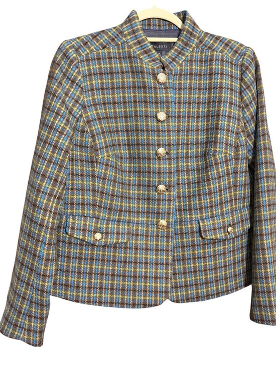 Talbots Jackets & Blazers - Talbots Shetland Officer Jacket Green Apple Plaid Gold Buttons Wool Blend Sz 10